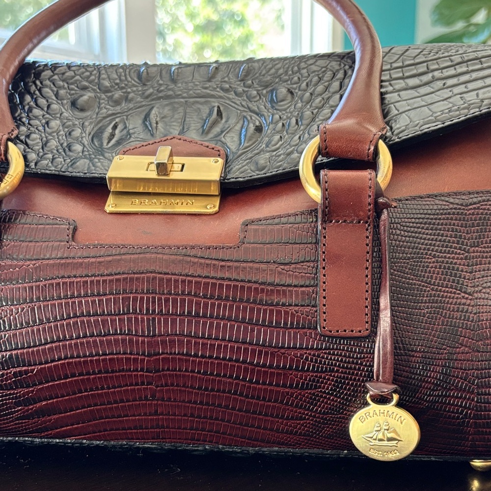 Brahmin Brown and Black Textured Leather Satchel - Picture 3 of 16